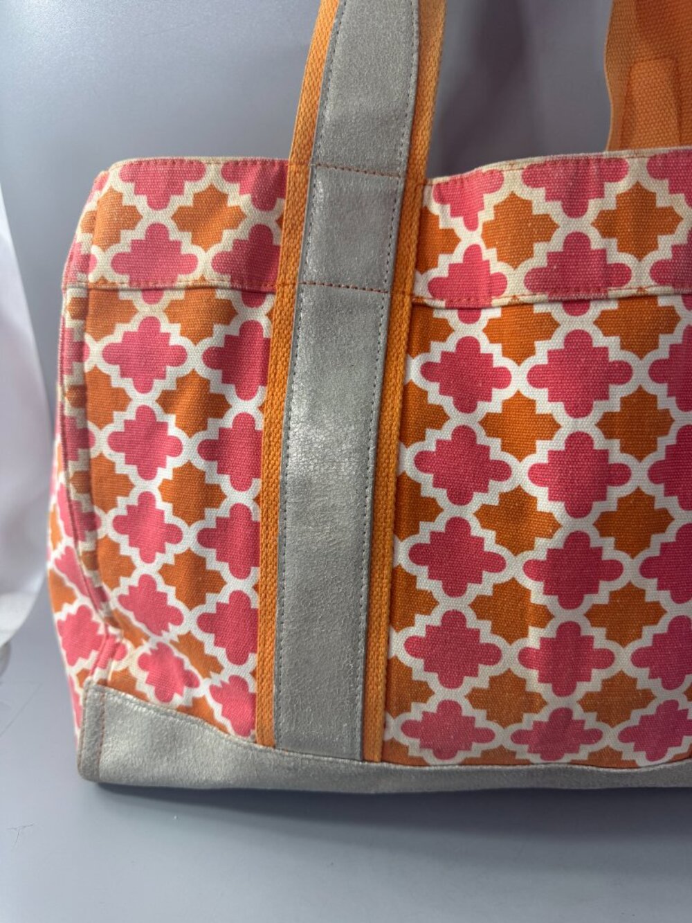 Tory Burch Orange/Pink Canvas w/Silver-tone Distressed Leather Large Tote Bag - Picture 7 of 15